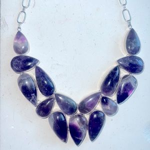 Handmade Natural Amethyst Cabochon 925 Silver Adjustable Link Chain Necklace 11”